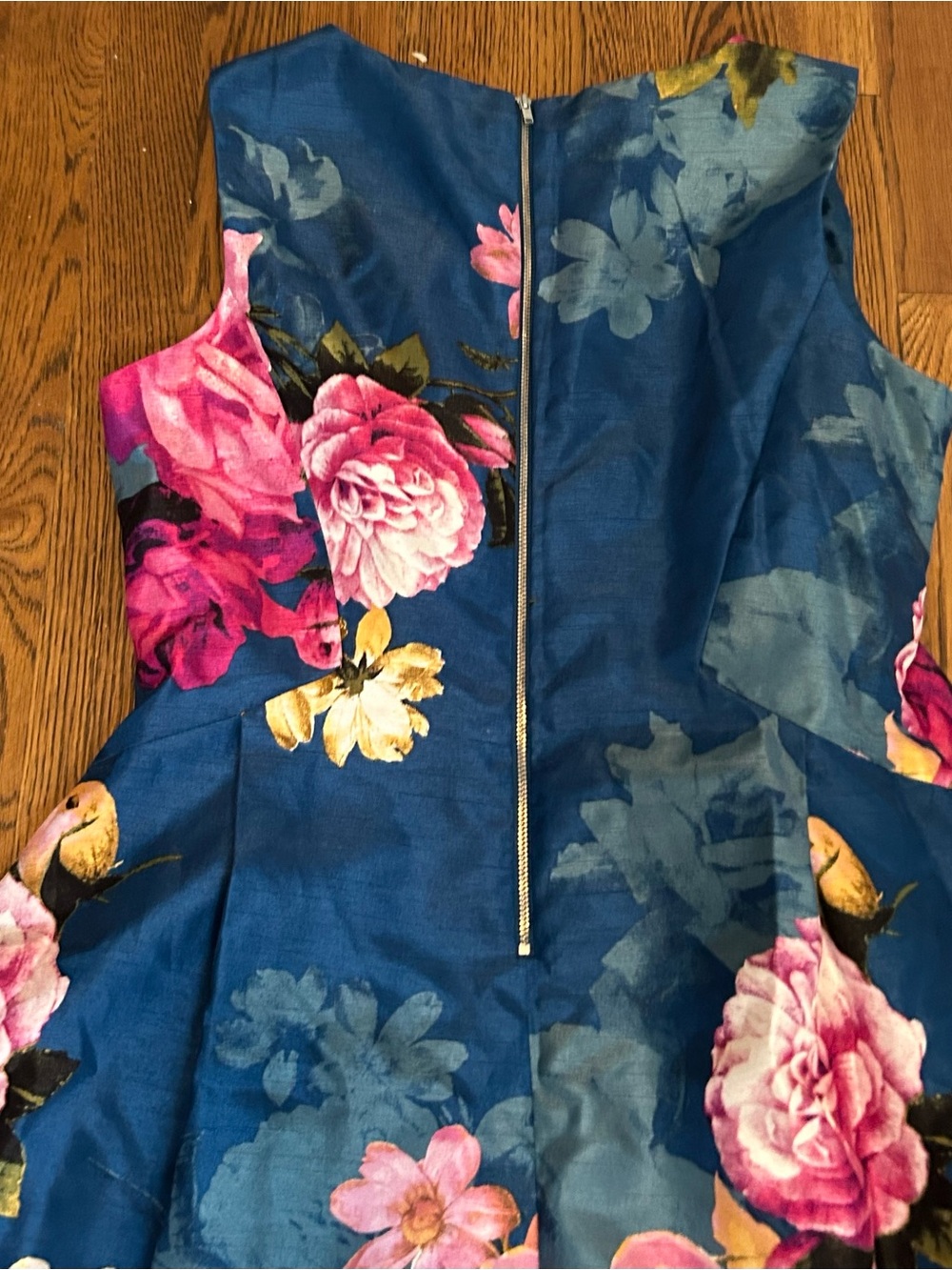 Roz & Ali Formal Teal Navy Floral Midi Cocktail Dress with Pink Blooms - Picture 7 of 11